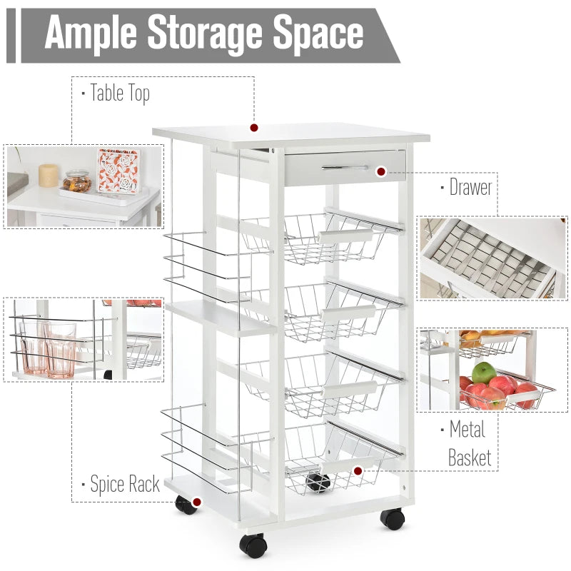 Rolling Kitchen Cart with 4 Basket Drawers & Side Racks - Mobile Utility Storage Cart on Wheels for Dining Room - White