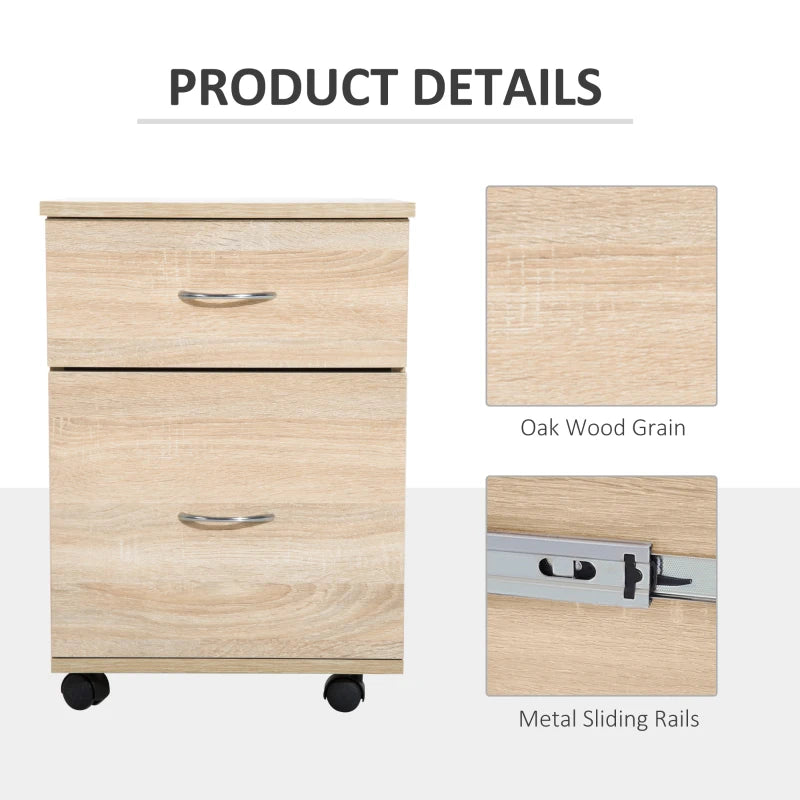 Oak Two Drawer Filing Cabinet on Wheels - Stylish and Functional Storage Solution for Home or Office