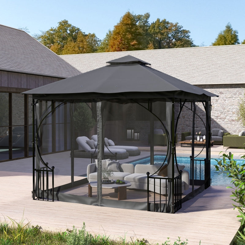 3m x 3m Dark Grey Garden Gazebo - Patio Party Tent Shelter with Double Tier Canopy and Metal Frame