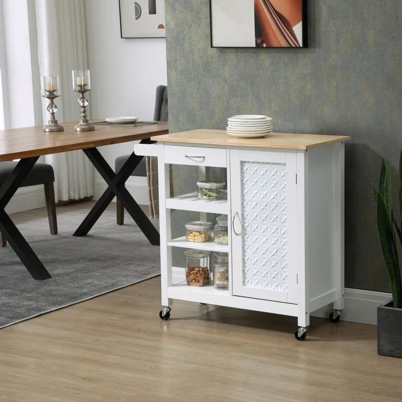 White Kitchen Trolley on Wheels - Utility Kitchen Island Cart with 3 Storage Shelves & Embossed Door Panel