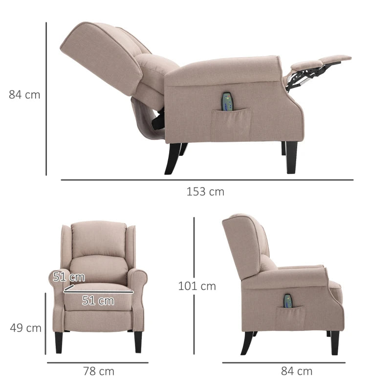 Luxury Heated Massage Reclining Armchair with Thick Sponge Padding and Linen Upholstery for Home Relaxation in Beige