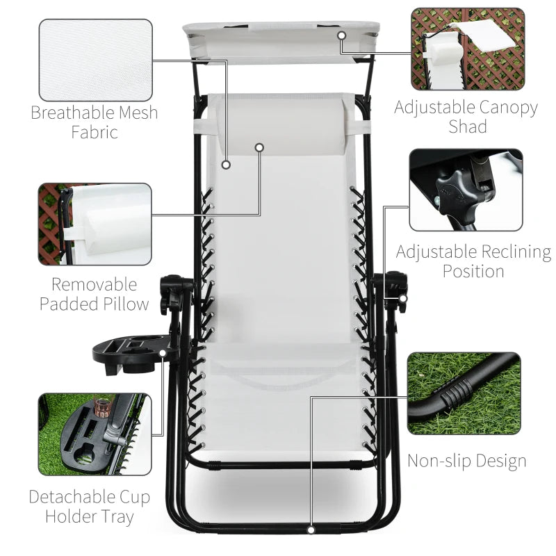 2 Piece Foldable Reclining Garden Chair Set - White Zero Gravity Deck Sun Lounger with Headrest, Footrest, Armrest, Cup Holder & Canopy Shade