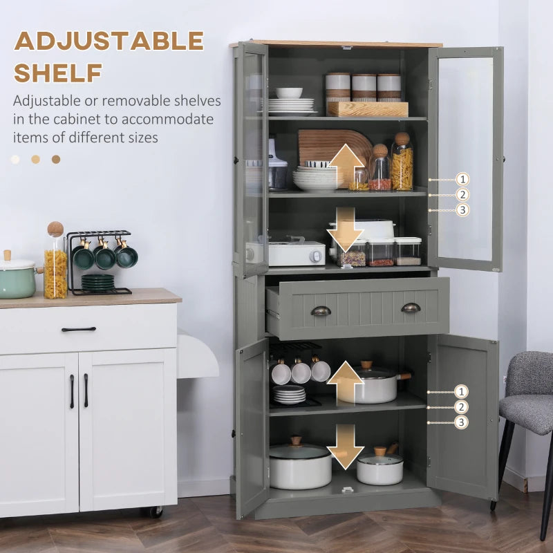 180cm Tall Freestanding Kitchen Pantry Cupboard - 5 Tier Storage Cabinet with Adjustable Shelves & Drawer in Grey