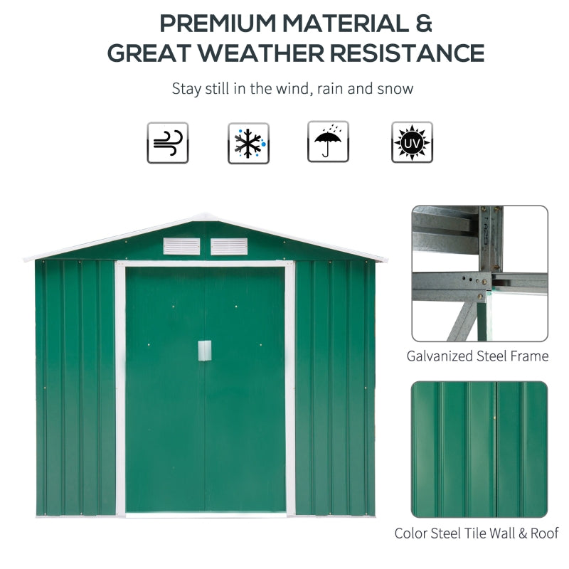 Green 7ft x 4ft Lockable Metal Shed with Ventilation Slots, Foundation Kit and Lockable Double Doors