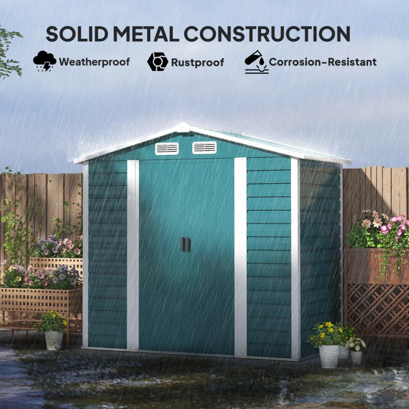 7ft x 4ft Green Metal Garden Shed - Easy Assembly, Galvanised Steel, Double Doors, Vents