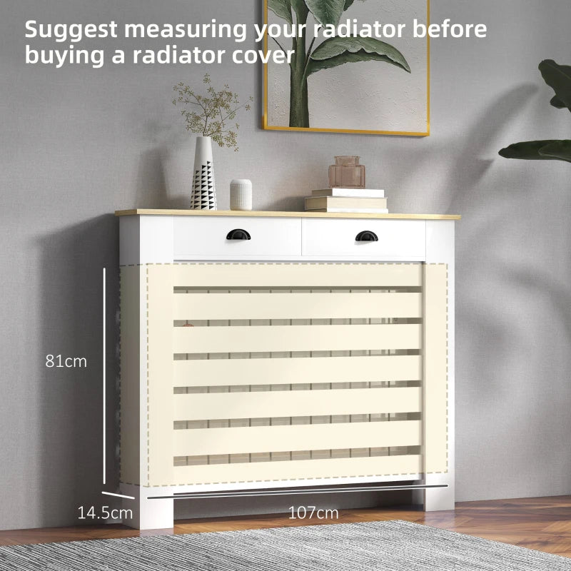 Elegant White Radiator Cover with Drawer 95.5H x 111Wcm for Home Decor