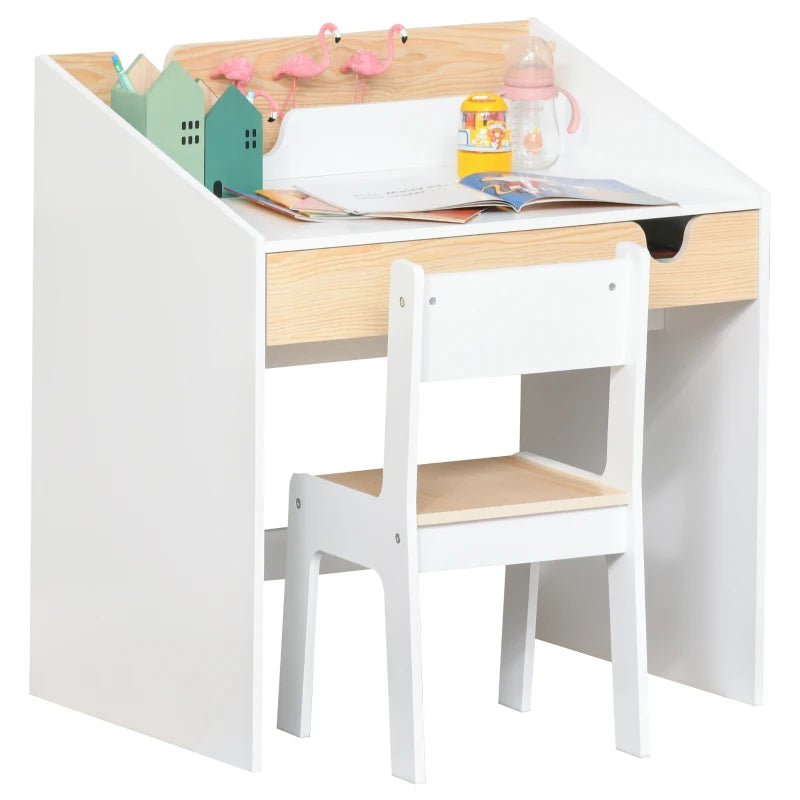 Kids Desk and Chair Set - 2-Piece Study Table with Storage Drawer & Bookshelf for Ages 3-6 - Ideal for Writing & Drawing