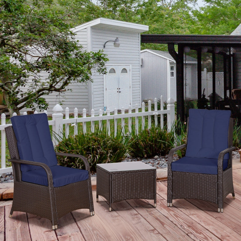 Dark Blue 3-Piece Patio Rattan Bistro Set with Cushioned Chairs and Coffee Table