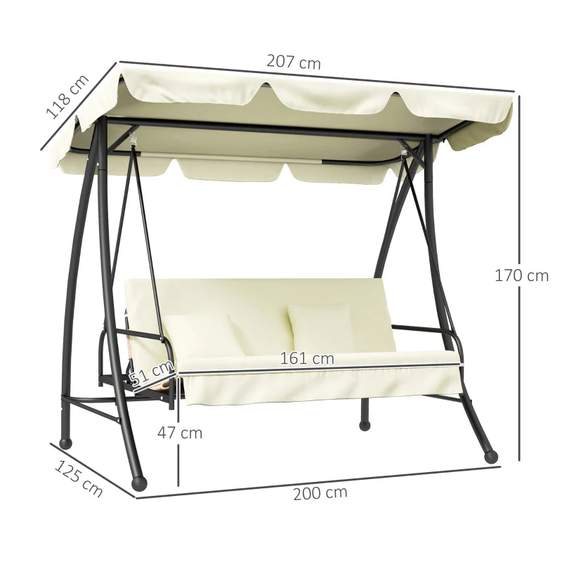3 Seater Garden Swing Chair with Tilting Canopy - Cream White