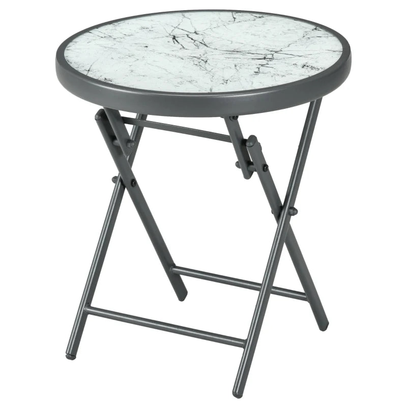45cm Round Folding Garden Side Table - Outdoor Patio Coffee Table with Imitation Marble Glass Top - White