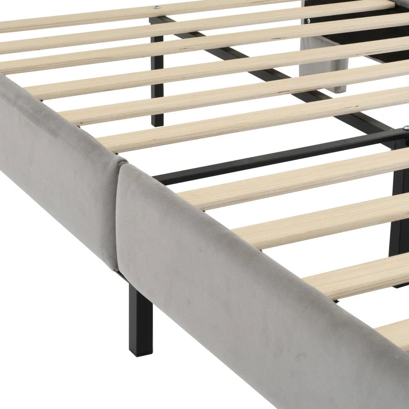 Double Upholstered Bed with Soft Backrest - Vertical Stripe Design, Metal Frame, Gray - 202L x 149W x 103H cm