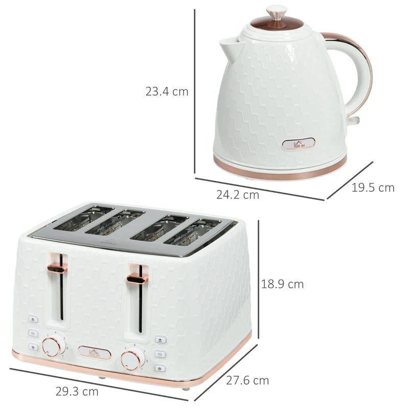 1.7L 3000W Fast Boil Kettle & 4 Slice Toaster Set - White, 7 Browning Controls, Crumb Tray, Kitchen Essentials