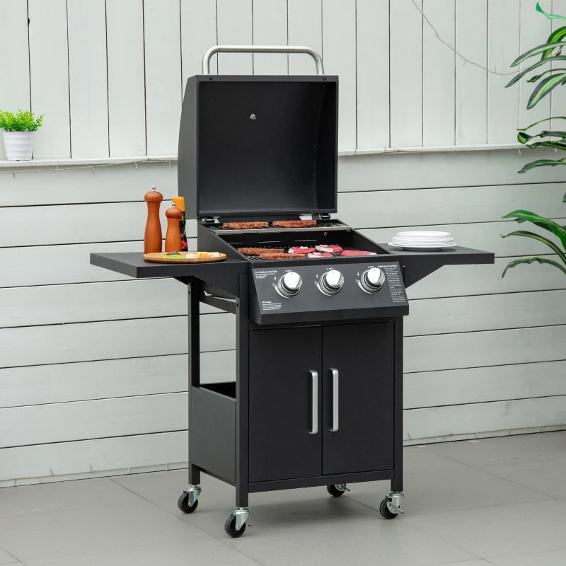 Black 3-Burner Gas BBQ Grill with Side Shelves & Storage Cabinet