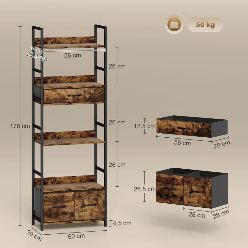Industrial Style Bookcase with 4 Shelves & 3 Fabric Drawers - Brown & Black Storage Solution for Home or Office