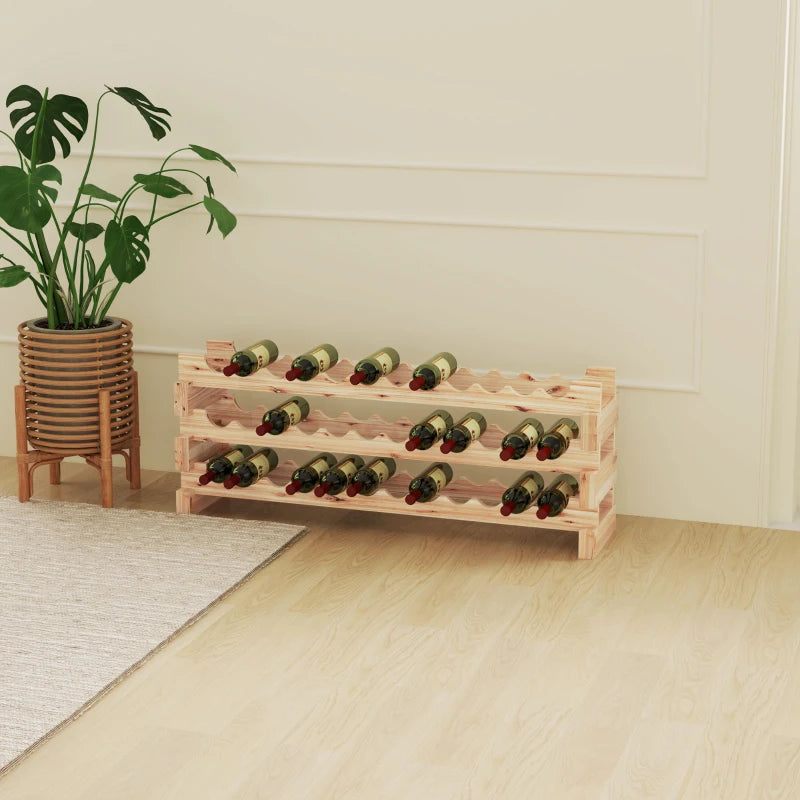 Elegant Three-Tier Wooden Wine Rack for 36 Bottles - Natural Finish, Perfect for Home or Wine Cellar Storage