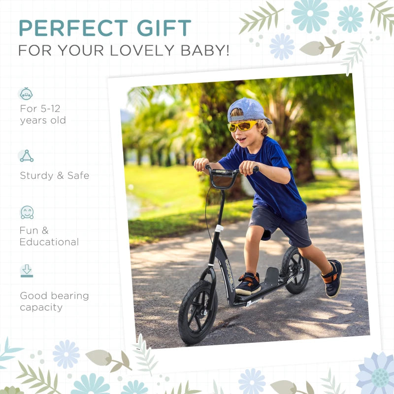 Kids Kick Scooter with 12" EVA Tyres, Rear Brake & Big Wheels - Perfect for Ages 5-12, Black Color