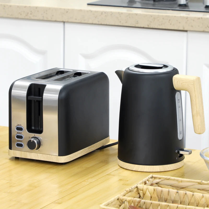 Stainless Steel Kettle & Toaster Set - 1.7L Fast Boil Kettle 3000W & 2 Slice Toaster with 7 Browning Levels, Black