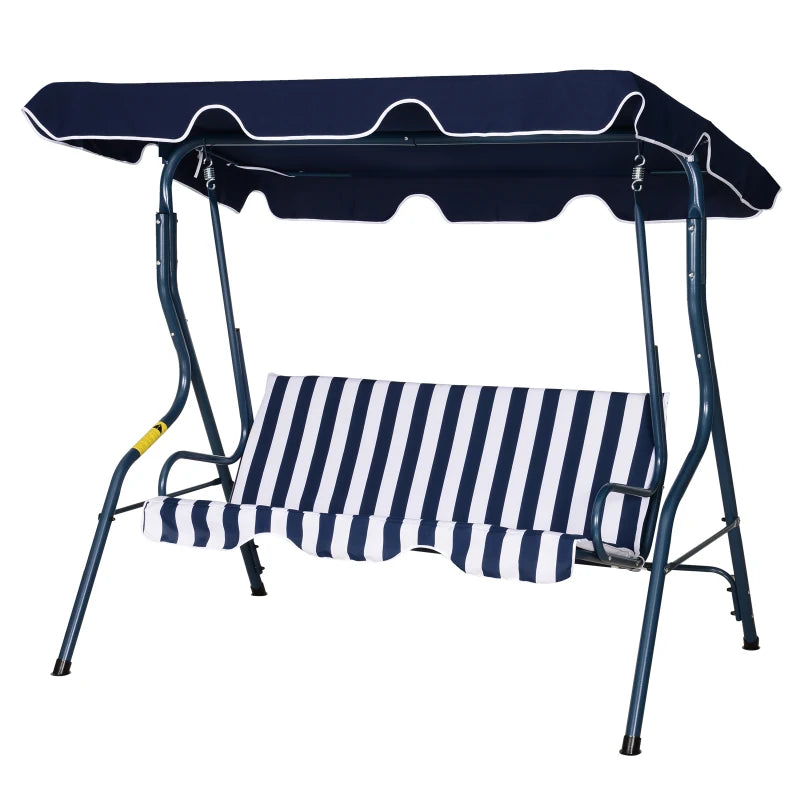Blue Striped 3-Seater Outdoor Swing Chair with Adjustable Canopy