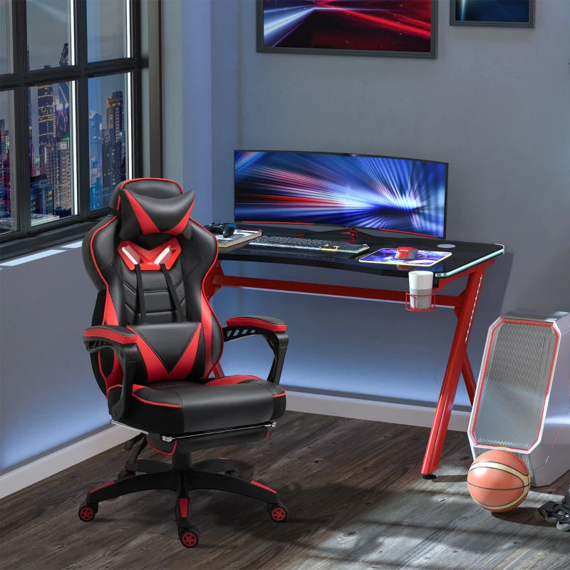 Vinsetto Racing Gaming Chair with Lumbar Support & Footrest - PU Leather Gamer Desk Chair with Headrest & Swivel Wheels, Red