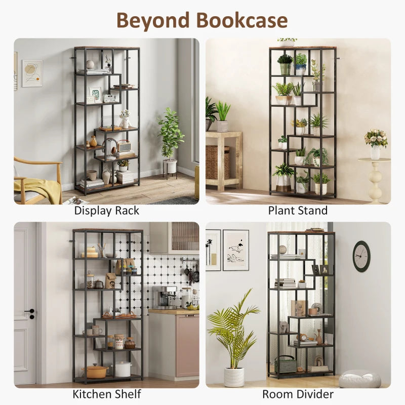 Unique Seven-Tier Geometric Bookcase in Brown and Black - Stylish Storage Solution for Home or Office