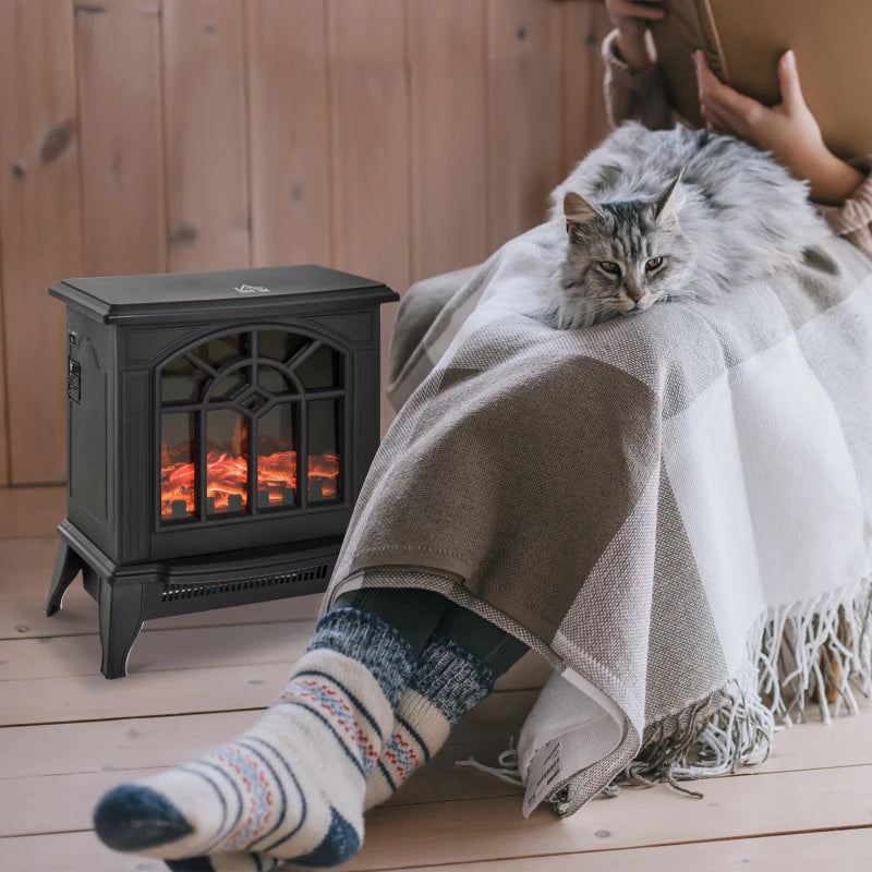 Freestanding 1000W 2000W Electric Fireplace Indoor Heater with Thermostat and LED Flame Effect Black