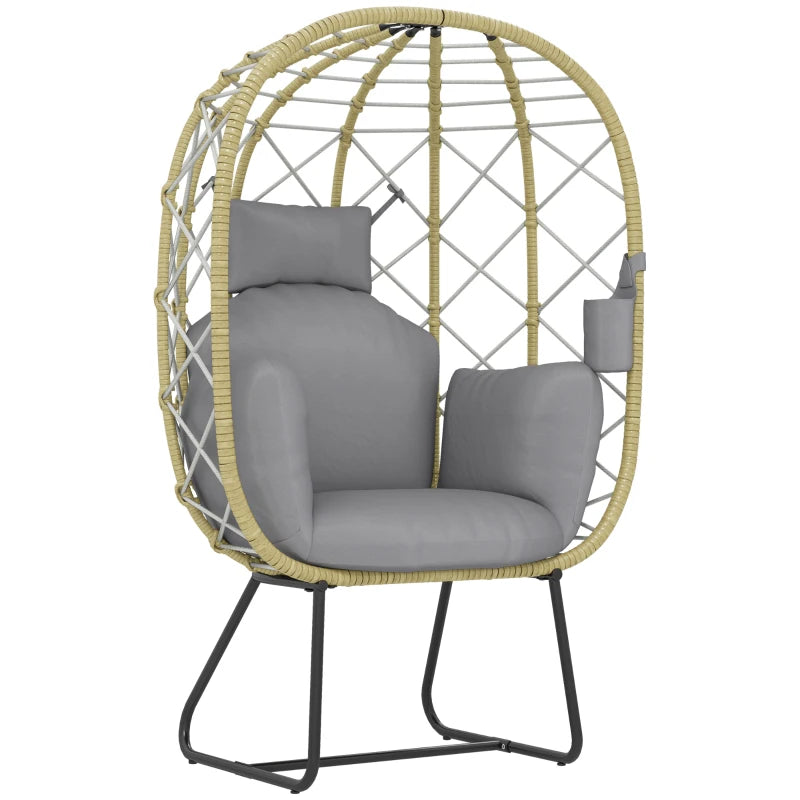 Grey Rattan Egg Chair - Outdoor Indoor Wicker Chair with Thick Cushion & Headrest