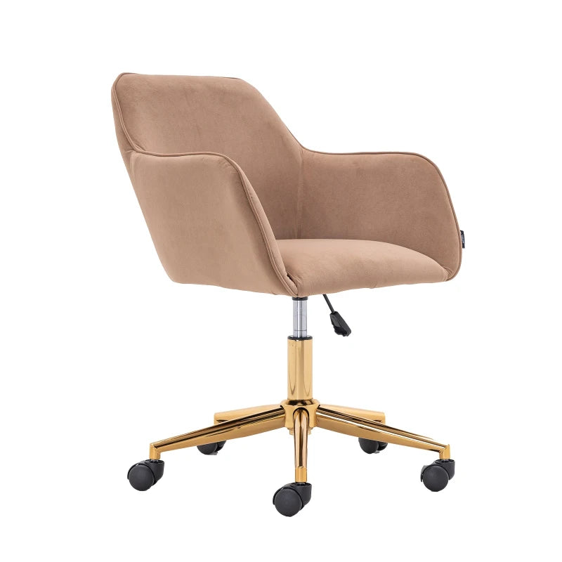 Velvet Adjustable Height Swivel Office Chair with Gold Legs and Ergonomic Backrest, Coffee Colour, 58x58x86 cm