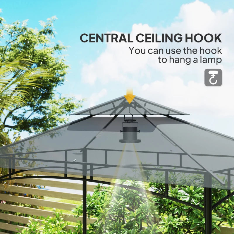 8' x 5' Dark Grey Double Tiered BBQ Grill Gazebo Canopy with LED Lights, 2 Side Shelves and Hooks