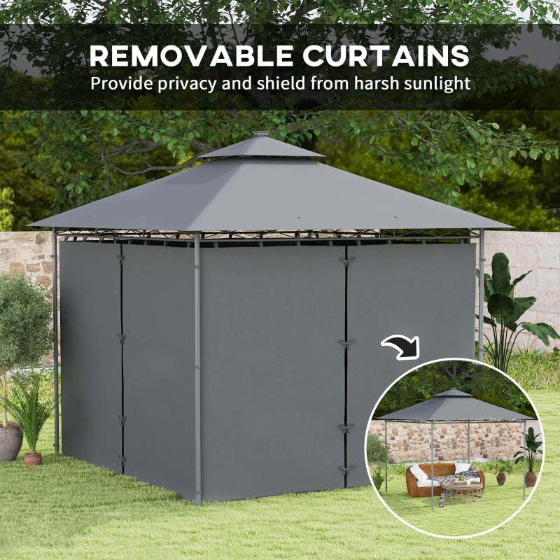 3 x 3 m Dark Grey Garden Gazebo with Double Roof, Curtains & Solar-Powered LED Lights - Outdoor Canopy Shelter for Patio & Deck