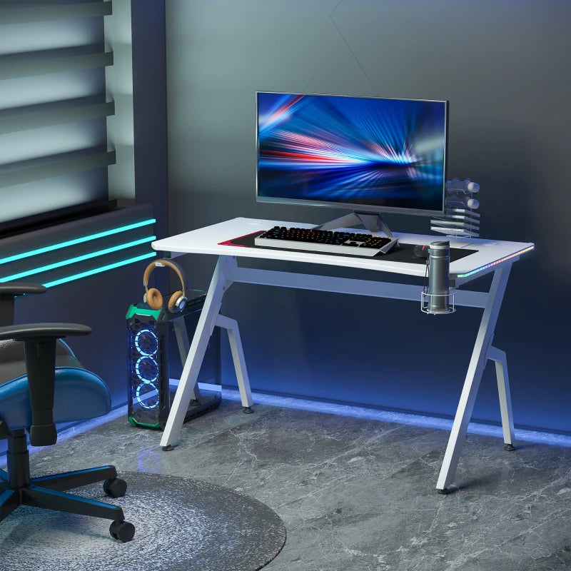 RGB Gaming Desk 120x66cm - Carbon Fibre Computer Table with Headphone Hook, Cup Holder & Controller Rack - White Home Office