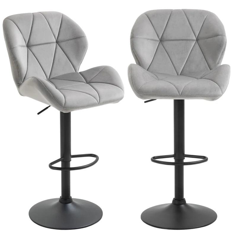 Adjustable Bar Stools Set of 2 - Armless Upholstered Swivel Counter Chairs with Back & Footrest in Light Grey