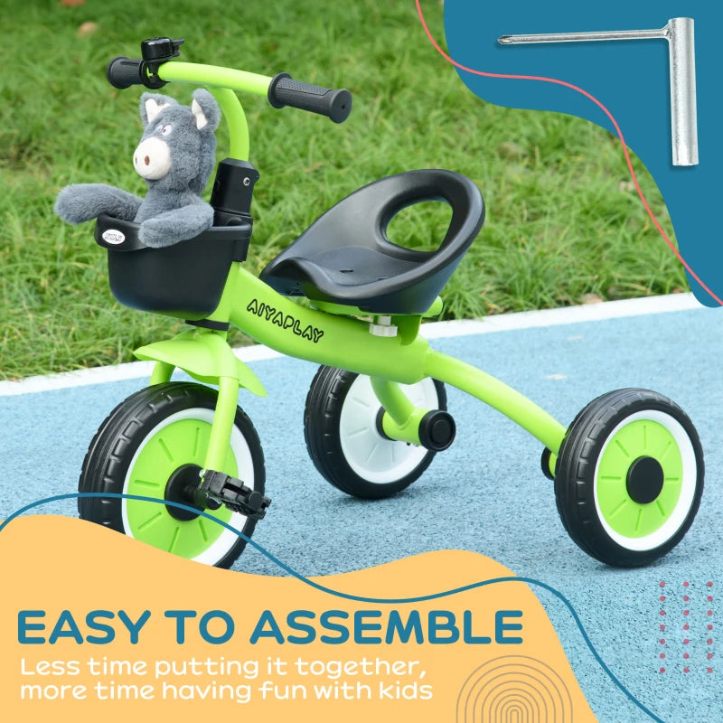 Adjustable Kids Tricycle with Basket and Bell for Ages 2-5 Years Green