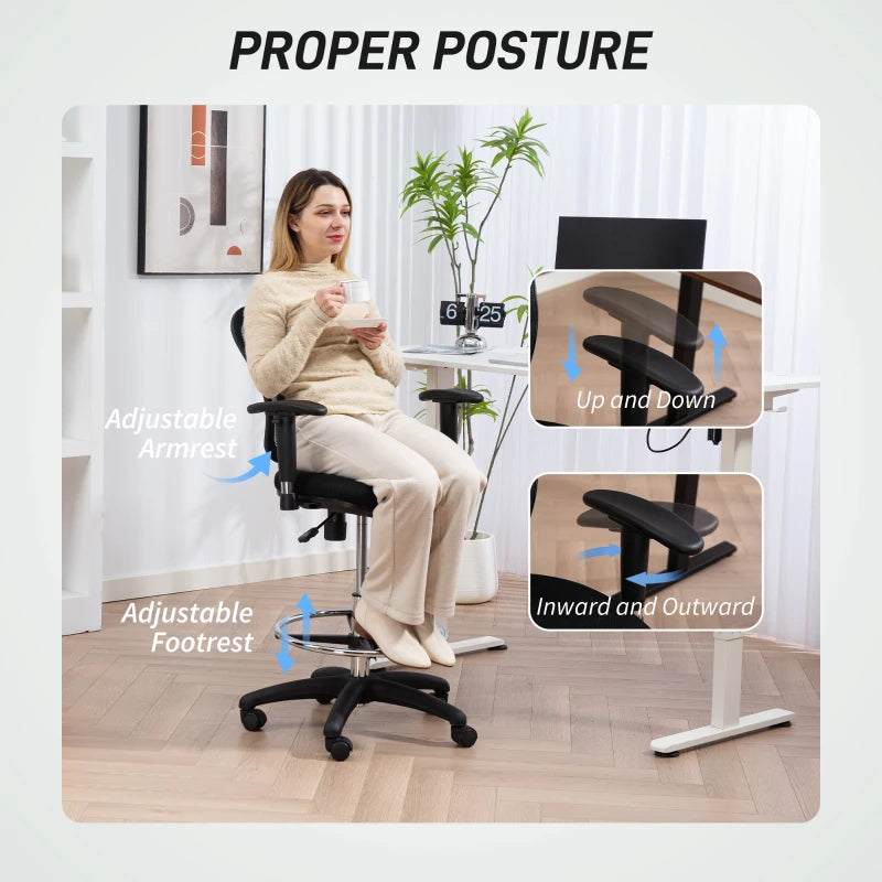 Ergonomic Drafting Chair with Adjustable Armrests & Lumbar Support - Mesh Office Chair for Standing Desks, Height & Footrest Adjustable, Black