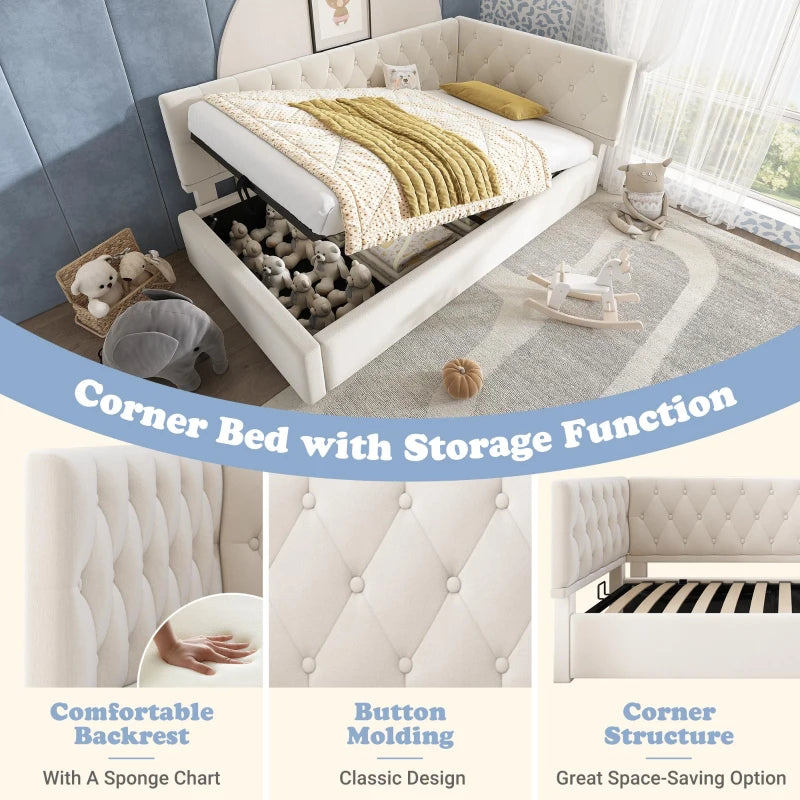 Upholstered Daybed Sofa Bed with Hydraulic Storage Ottoman, Reversible Headboard, 196x100x77 cm, Beige - Stylish & Functional