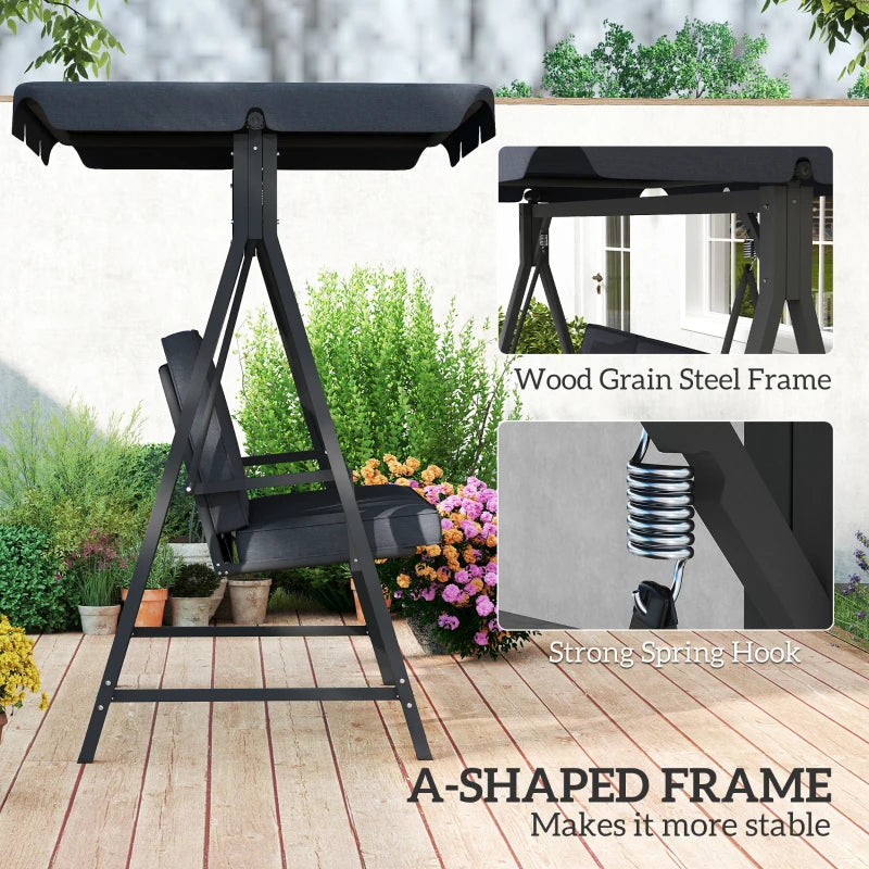 Dark Grey Three-Seater Garden Swing Bench with Adjustable Canopy for Outdoor Relaxation
