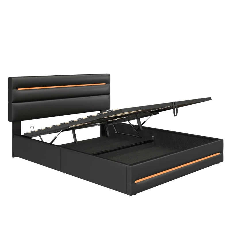 King Upholstered Bed Frame with Hydraulic Storage & LED Lighting, USB & Type-C Ports, 210x160x110 cm, Black
