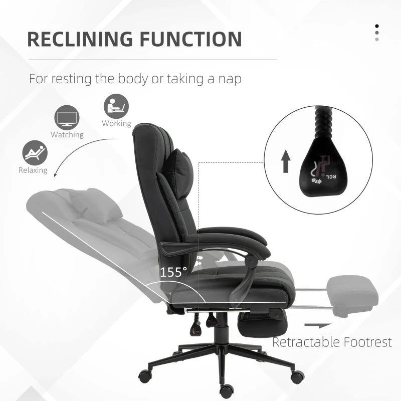 Vinsetto Ergonomic Office Desk Chair with Footrest & Headrest, Reclining Backrest, Swivel Wheels - Black Home Office Comfort