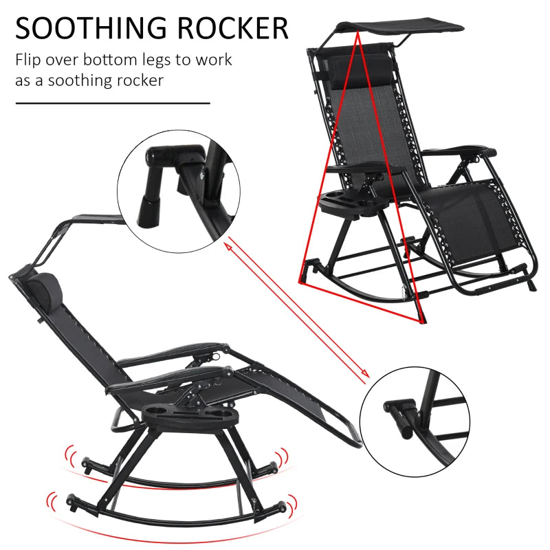 Black Folding Rocking Sun Lounger with Headrest & Side Holder