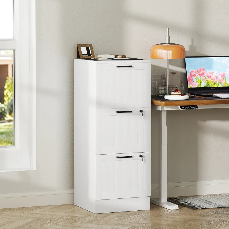 Secure 3 Drawer Filing Cabinet with Lock - Adjustable Hanging Bars for A4 Files - Stylish White Office Storage Solution
