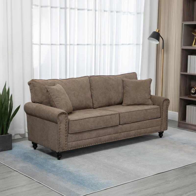 Stylish 3 Seater Fabric Sofa with Rubber Wood Legs and Extra Cushions for Living Room, Brown, 196W x 80.5D x 89H cm