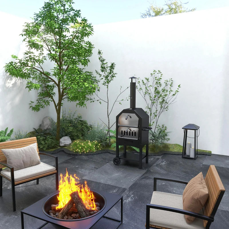 Stainless Steel Outdoor Pizza Oven BBQ Grill - Charcoal, 3-Tier, Chimney, Thermometer, Wheels - Black