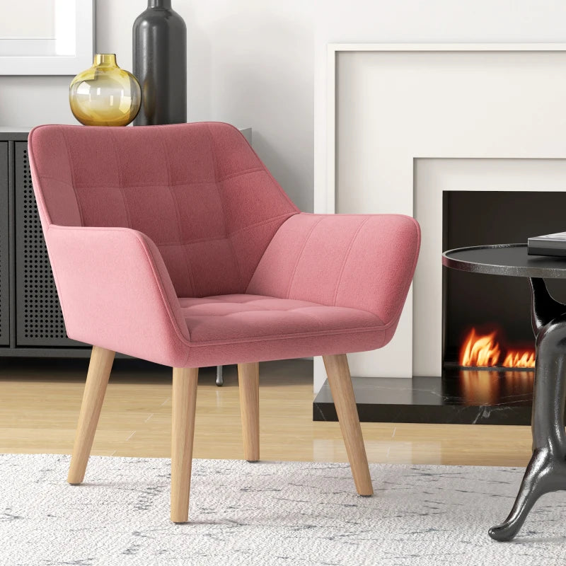 Stylish Pink Accent Chair with Wide Arms, Slanted Back, Thick Padding and Rubber Wood Legs for Living Room