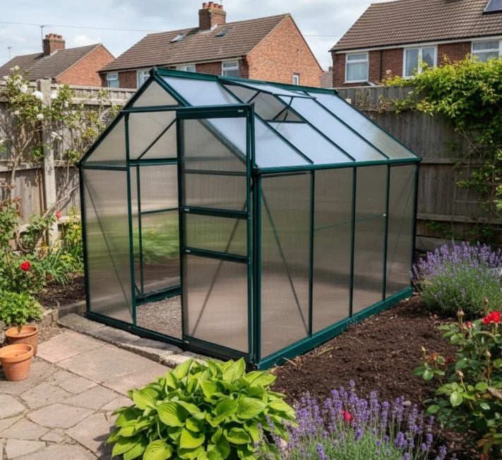 Dark Green 6ft x 8ft Polycarbonate Walk-In Greenhouse with Sliding Door and Window