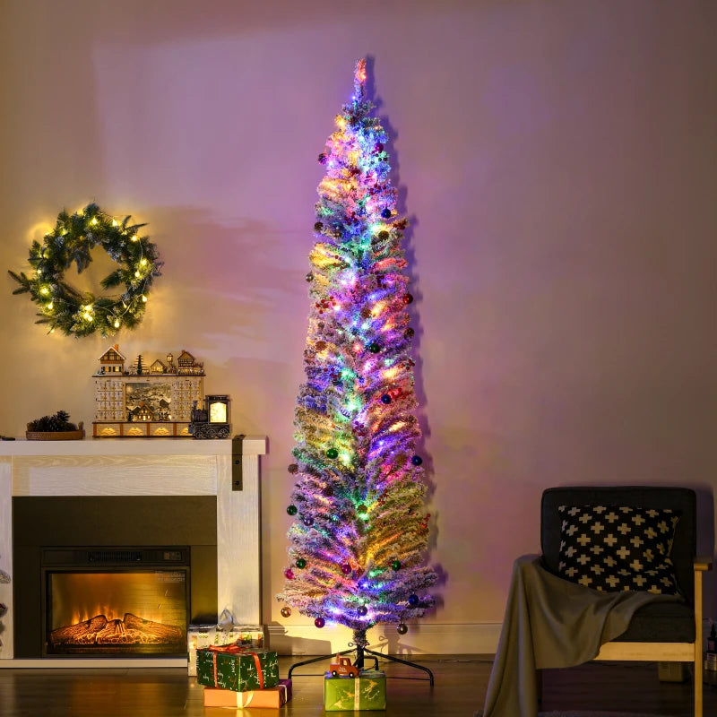 7.5' Prelit Artificial Christmas Tree with Colorful LED Lights, Flocked Tips, Berries & Pine Cones - Holiday Decor