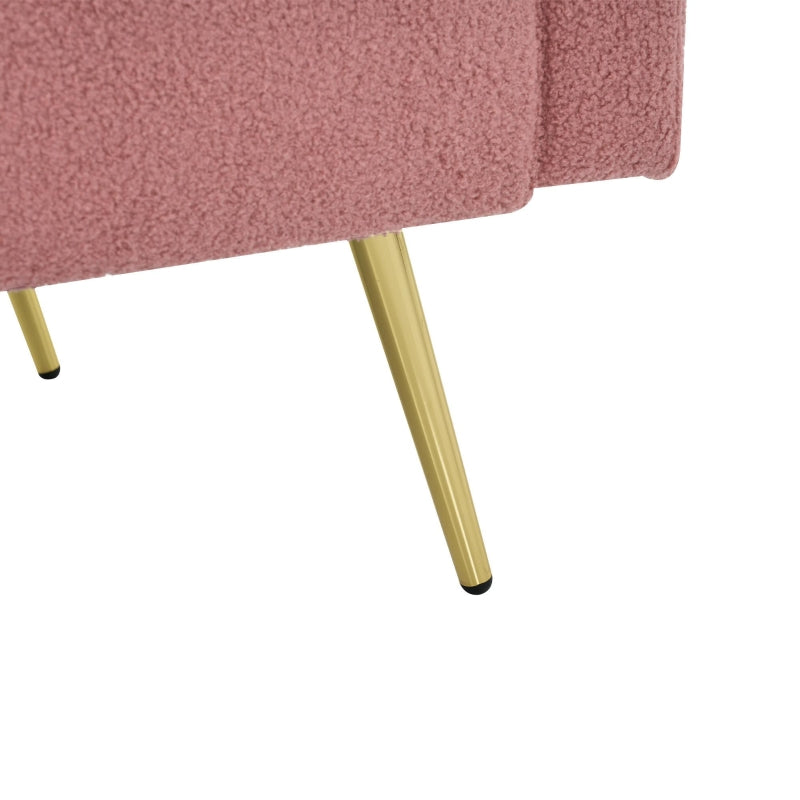 Adjustable Backrest Sofa Bed with Gold Legs and Side Pockets, Sherpa Fabric, Pink, 176L x 64W x 75H cm