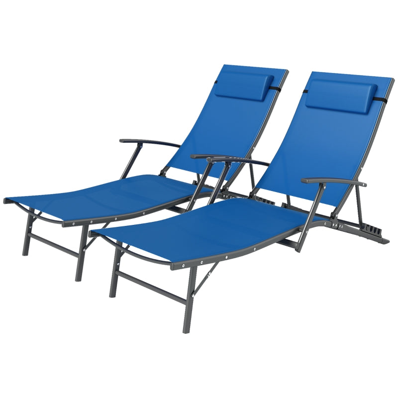Set of 2 Blue Folding Sun Loungers - Adjustable 4 Position Outdoor Chaise Lounge Chairs with Armrests and Pillows, Steel Frame Sunbed Recliners for Garden, Patio, Beach and Poolside