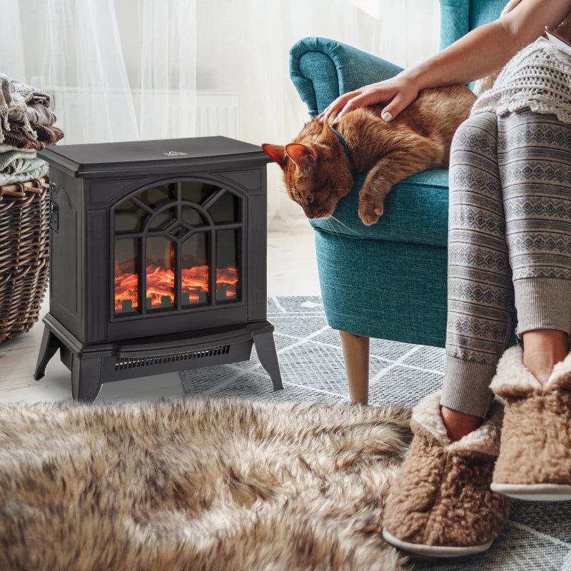 Freestanding 1000W 2000W Electric Fireplace Indoor Heater with Thermostat and LED Flame Effect Black