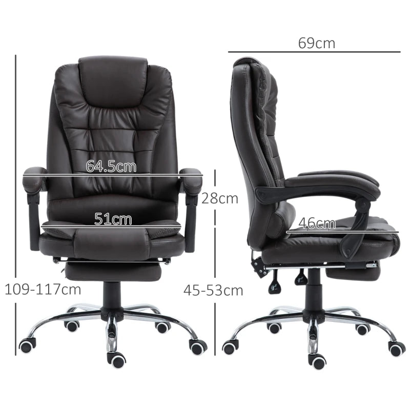 PU Leather Executive Office Chair - High Back Swivel with Retractable Footrest, Adjustable Height & Reclining Function in Brown