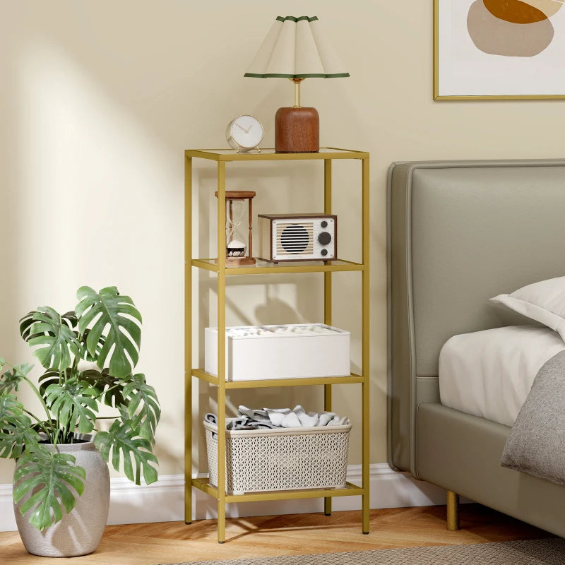 Elegant 4-Tier Glass Shelving Unit - Vertical Storage for Living Room, Home Office, Bedroom & Bathroom - Gold Tone Design