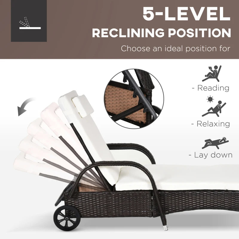 Brown Rattan Outdoor Recliner Set with Wheels and Cushions